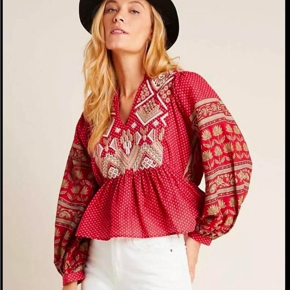 Anthropologie Keira Red Gold Embroidered Boho Blouse Peplum V Neck Cotton Size 6 - Picture 1 of 6